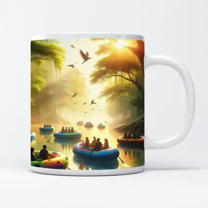 People Rafting Colorful Boats Misty Forest River