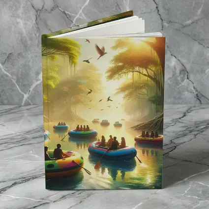 People Rafting Colorful Boats Misty Forest River