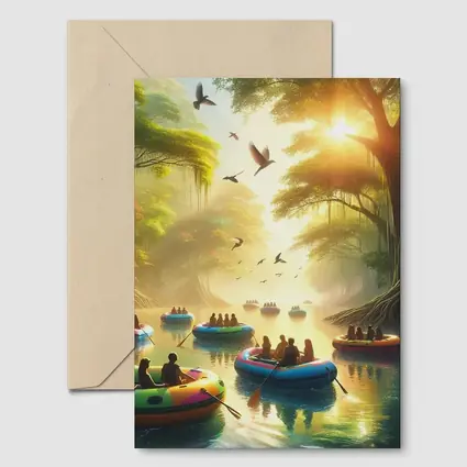 People Rafting Colorful Boats Misty Forest River