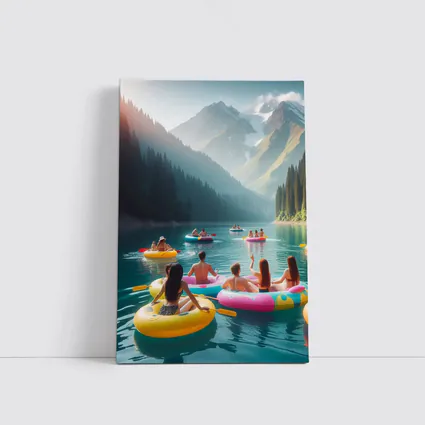 Friends Floating on Mountain Lake Summer