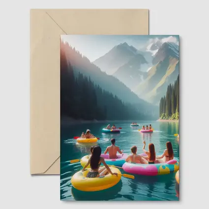 Friends Floating on Mountain Lake Summer