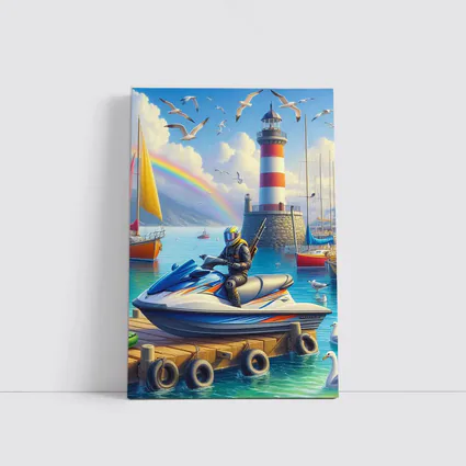 Jet Ski Rider Lighthouse Harbor Rainbow Scene
