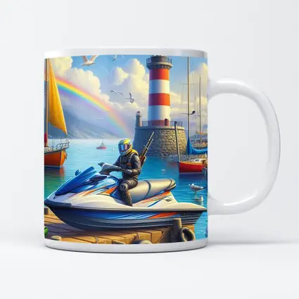 Jet Ski Rider Lighthouse Harbor Rainbow Scene