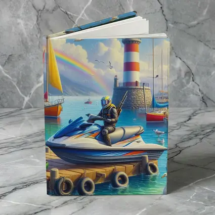 Jet Ski Rider Lighthouse Harbor Rainbow Scene