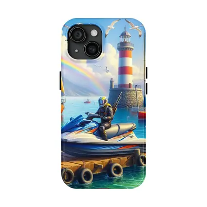 Jet Ski Rider Lighthouse Harbor Rainbow Scene