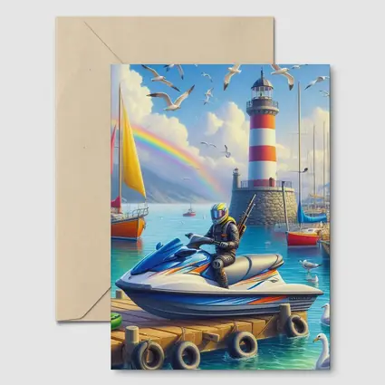 Jet Ski Rider Lighthouse Harbor Rainbow Scene