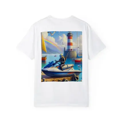 Jet Ski Rider Lighthouse Harbor Rainbow Scene
