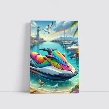 Rainbow Jet Ski Tropical Harbor Scene Art