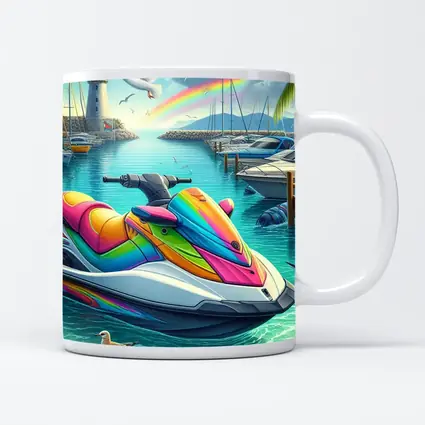 Rainbow Jet Ski Tropical Harbor Scene Art