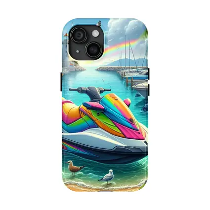 Rainbow Jet Ski Tropical Harbor Scene Art