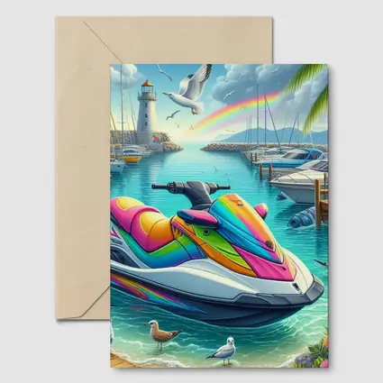 Rainbow Jet Ski Tropical Harbor Scene Art