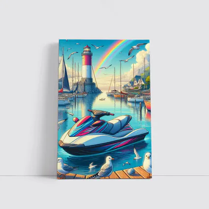 Jet Ski Harbor Lighthouse Rainbow Cartoon Art