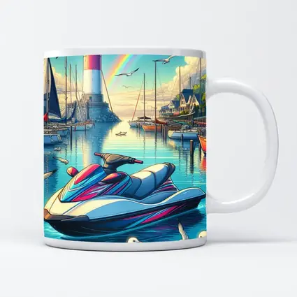 Jet Ski Harbor Lighthouse Rainbow Cartoon Art