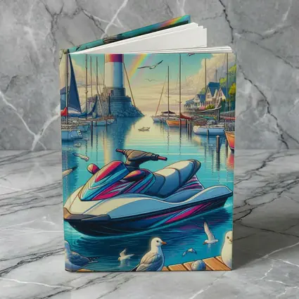 Jet Ski Harbor Lighthouse Rainbow Cartoon Art
