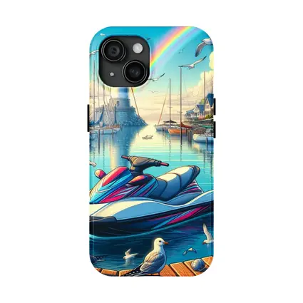 Jet Ski Harbor Lighthouse Rainbow Cartoon Art