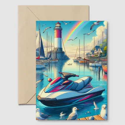 Jet Ski Harbor Lighthouse Rainbow Cartoon Art