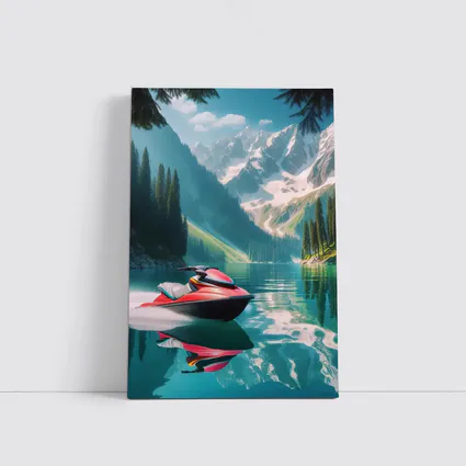 Red Jet Ski Alpine Mountain Lake Scene
