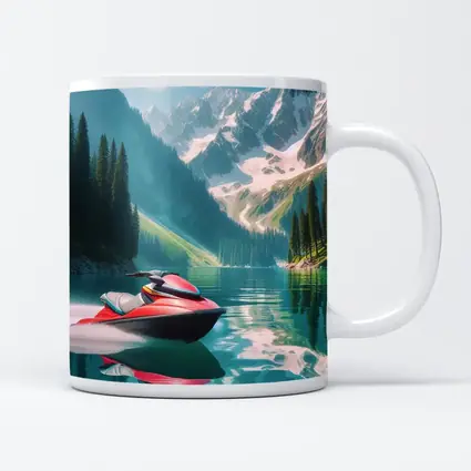 Red Jet Ski Alpine Mountain Lake Scene