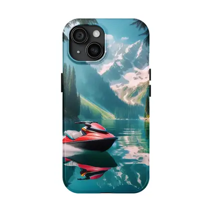 Red Jet Ski Alpine Mountain Lake Scene