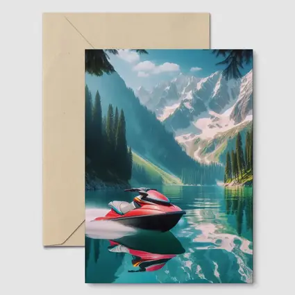 Red Jet Ski Alpine Mountain Lake Scene