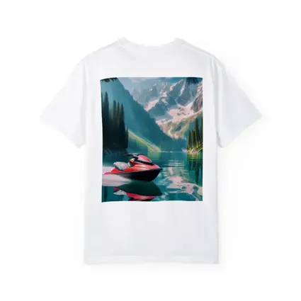 Red Jet Ski Alpine Mountain Lake Scene