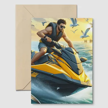 Man Riding Yellow Jet Ski Ocean Sunset