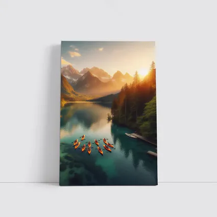 Kayaks on Mountain Lake at Sunset
