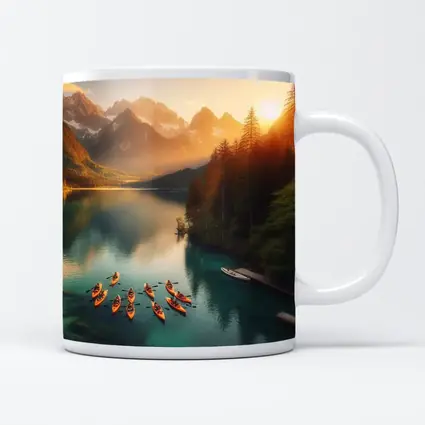 Kayaks on Mountain Lake at Sunset