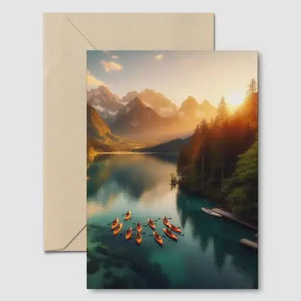 Kayaks on Mountain Lake at Sunset