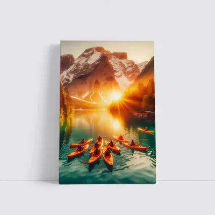Kayakers Paddling Alpine Lake Mountain Sunset