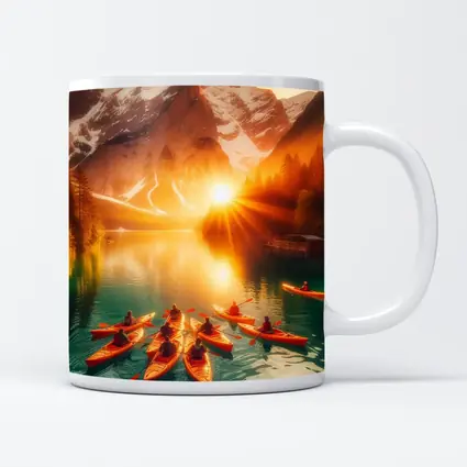 Kayakers Paddling Alpine Lake Mountain Sunset