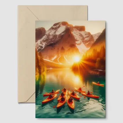 Kayakers Paddling Alpine Lake Mountain Sunset
