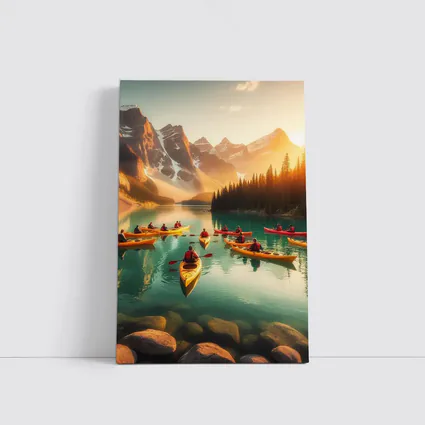 Kayakers Paddling Mountain Lake Golden Sunset