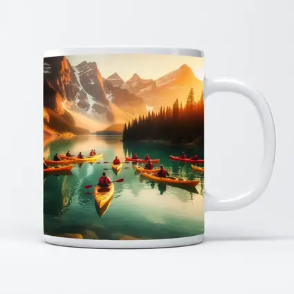 Kayakers Paddling Mountain Lake Golden Sunset