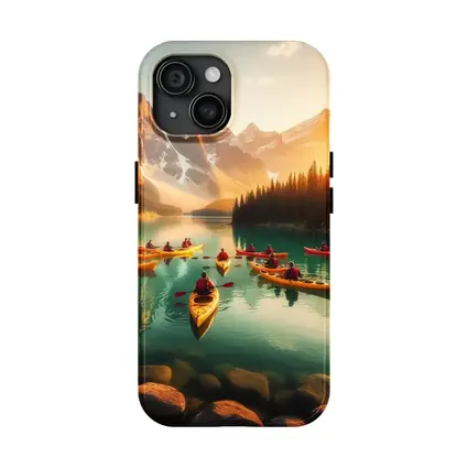 Kayakers Paddling Mountain Lake Golden Sunset