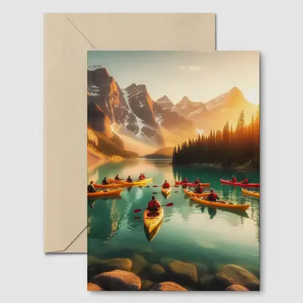 Kayakers Paddling Mountain Lake Golden Sunset