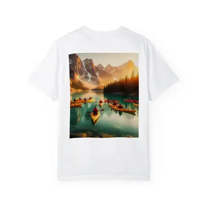 Kayakers Paddling Mountain Lake Golden Sunset