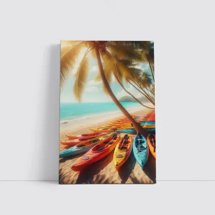 Colorful Kayaks On Tropical Beach Palm Trees