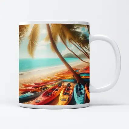 Colorful Kayaks On Tropical Beach Palm Trees