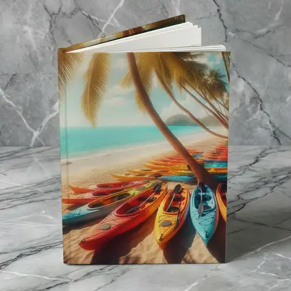 Colorful Kayaks On Tropical Beach Palm Trees