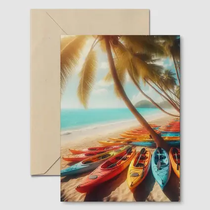 Colorful Kayaks On Tropical Beach Palm Trees