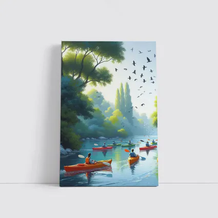 Kayakers Paddling River Surrounded By Trees