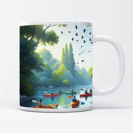 Kayakers Paddling River Surrounded By Trees
