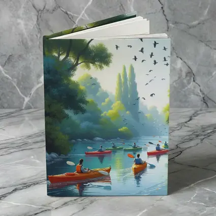 Kayakers Paddling River Surrounded By Trees