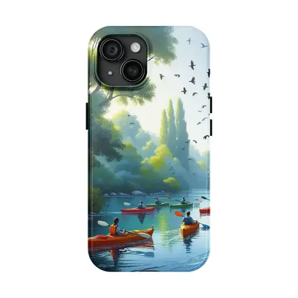 Kayakers Paddling River Surrounded By Trees