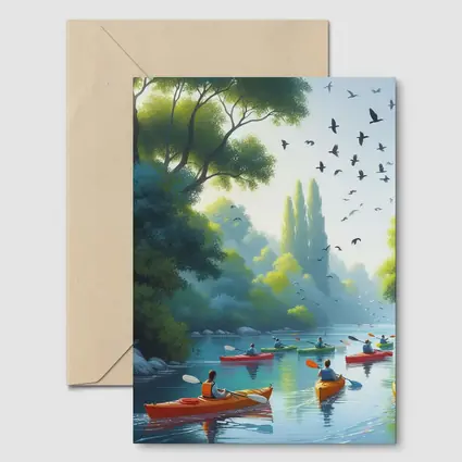Kayakers Paddling River Surrounded By Trees