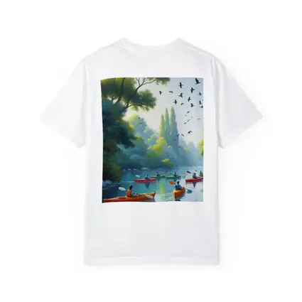 Kayakers Paddling River Surrounded By Trees