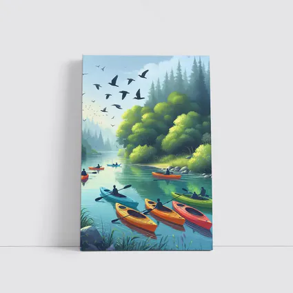 Kayakers Paddling Calm Forest River Scene
