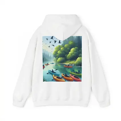 Kayakers Paddling Calm Forest River Scene