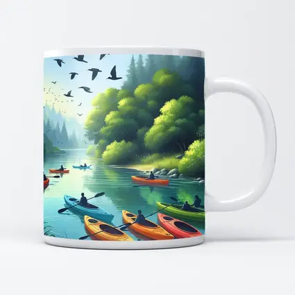 Kayakers Paddling Calm Forest River Scene